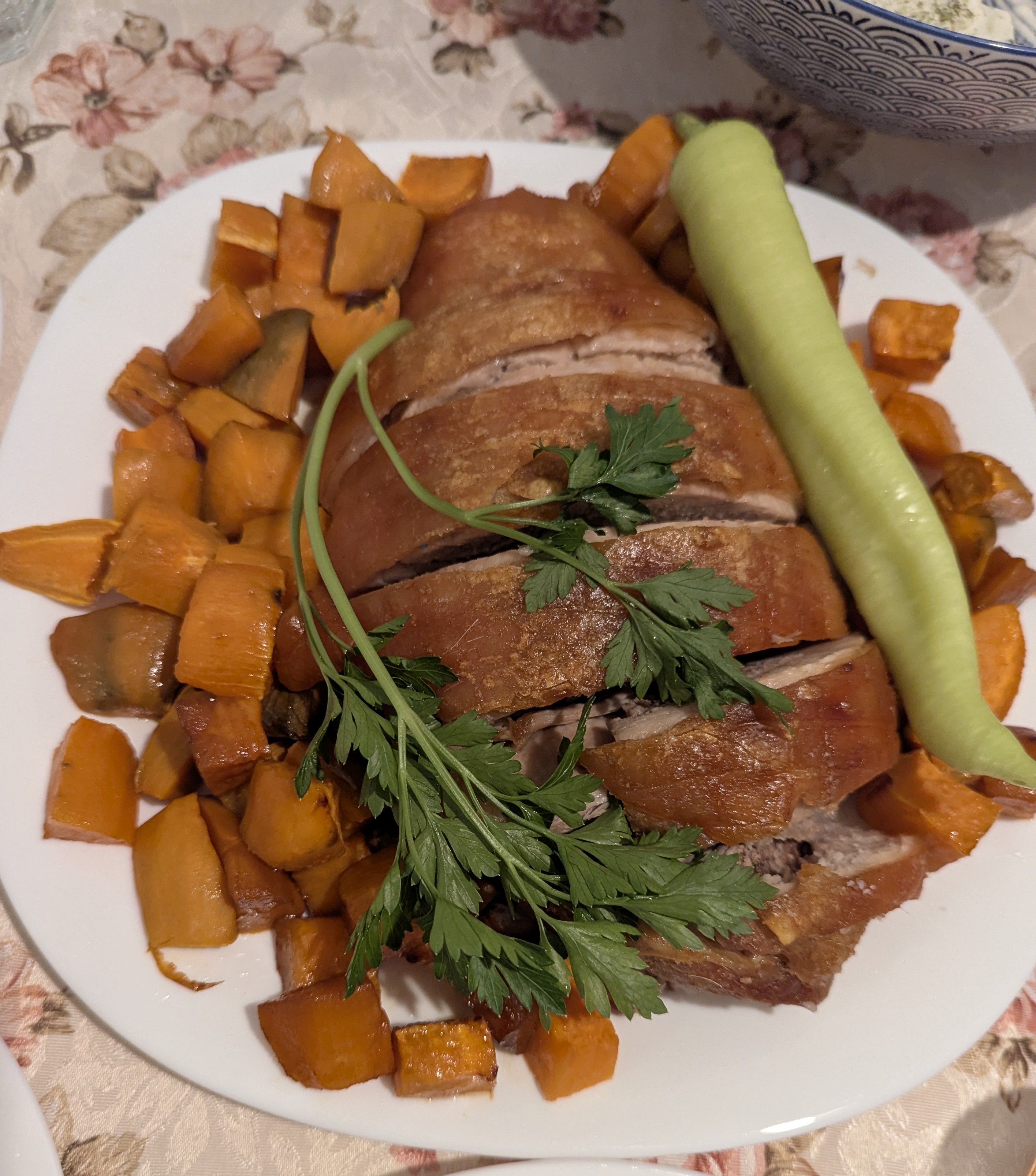 Roast Piglet Leg with Crispy Skin and Sweet Potatoes